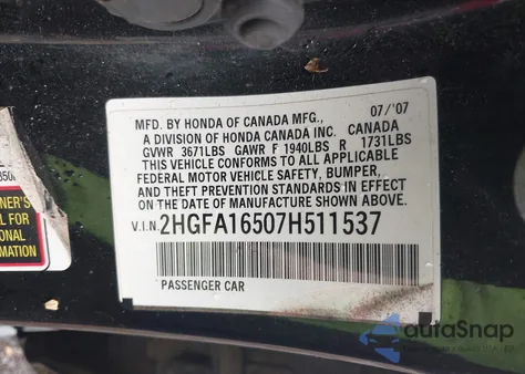 2007 Honda Civic Lx из США, поврежденный, VIN 2HGFA16507H511537